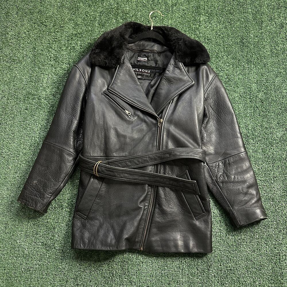Wilsons Leather Jacket Womens Small Black Belted Moto Faux Fur Collar Thinsulate